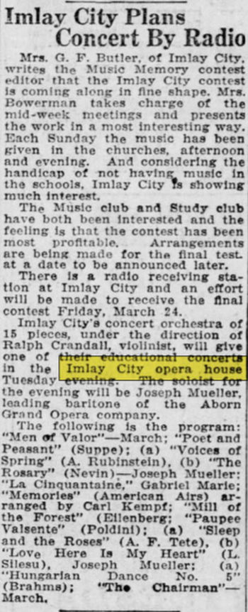 Imlay City Opera House - Mar 10 1922 Article